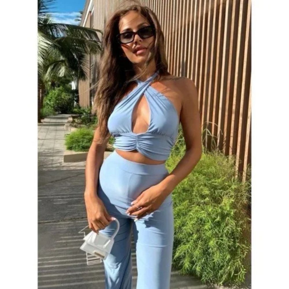 Blue Sleeveless Halter Neck Crop Top and High Waist Wide Leg Pants Two Piece Set - Picture 15 of 16